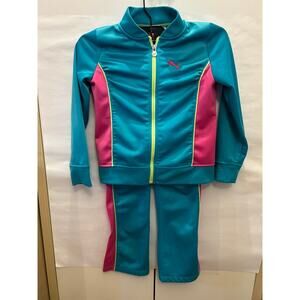 Puma girls small two-piece track suit. Green with pink and yellow accents.